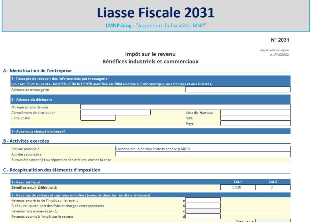 Liasse 2031 du simulateur d'impots LMNP sous excel