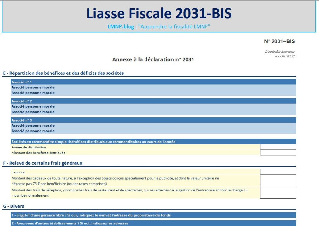 Liasse 2031-BIS du simulateur d'impots LMNP sous excel