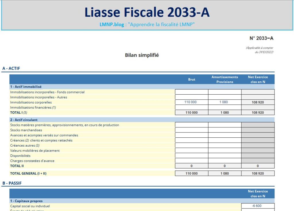 Liasse 2033-A du simulateur d'impots LMNP sous excel