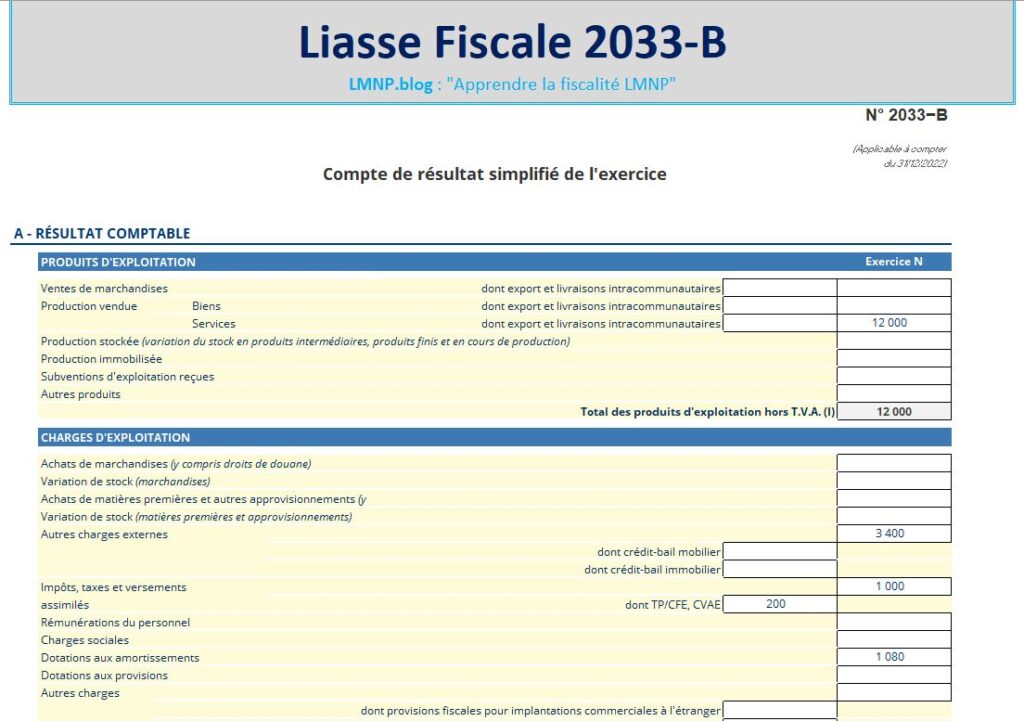 Liasse 2033-B du simulateur d'impots LMNP sous excel