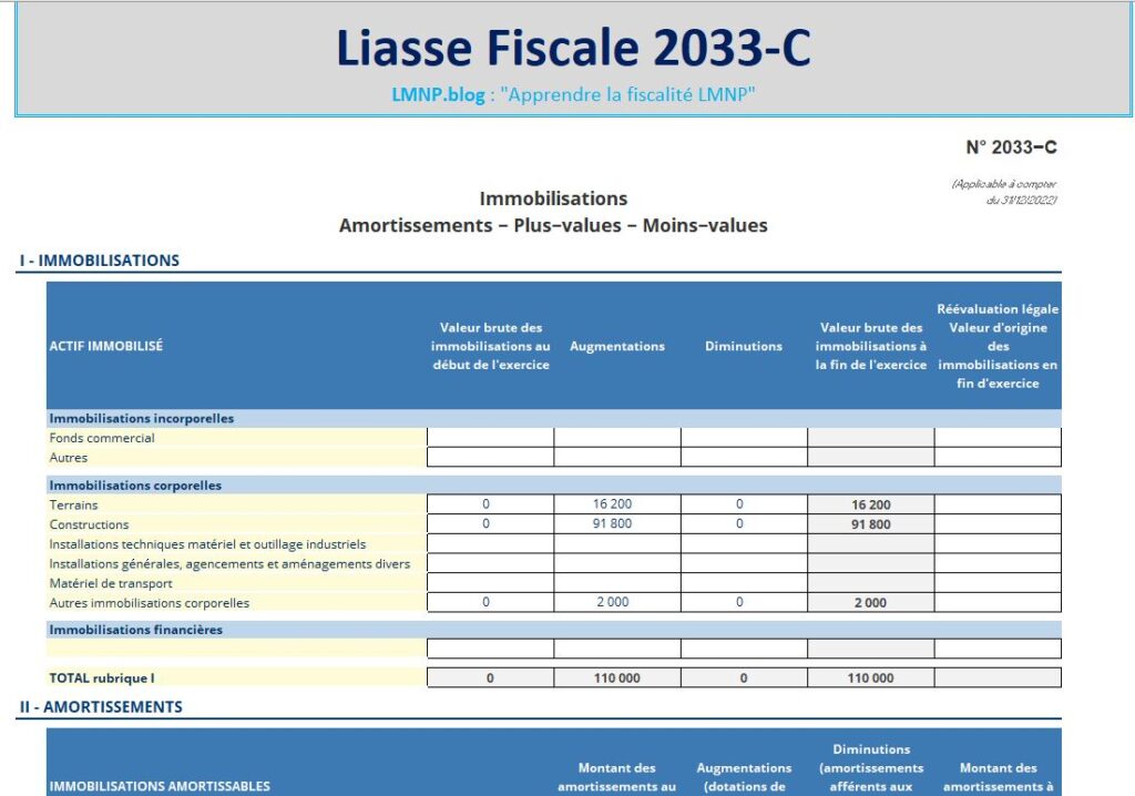 Liasse 2033-C du simulateur d'impots LMNP sous excel