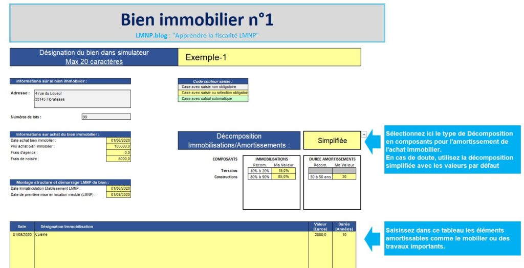 Onglet "Bien Immo" Simulateur excel lmnp.blog de déclaration impots LMNP