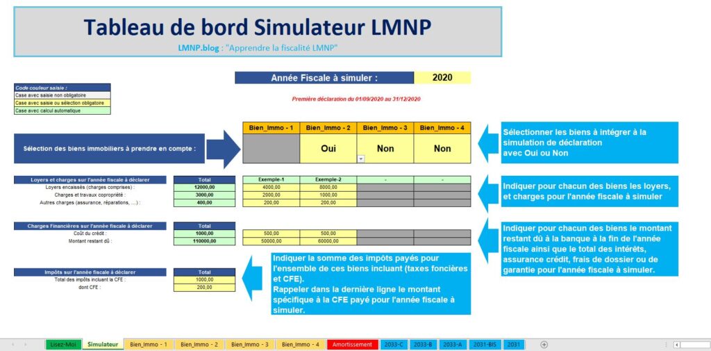 Onglet "Tableau de Bord" Simulateur excel lmnp.blog de déclaration impots LMNP